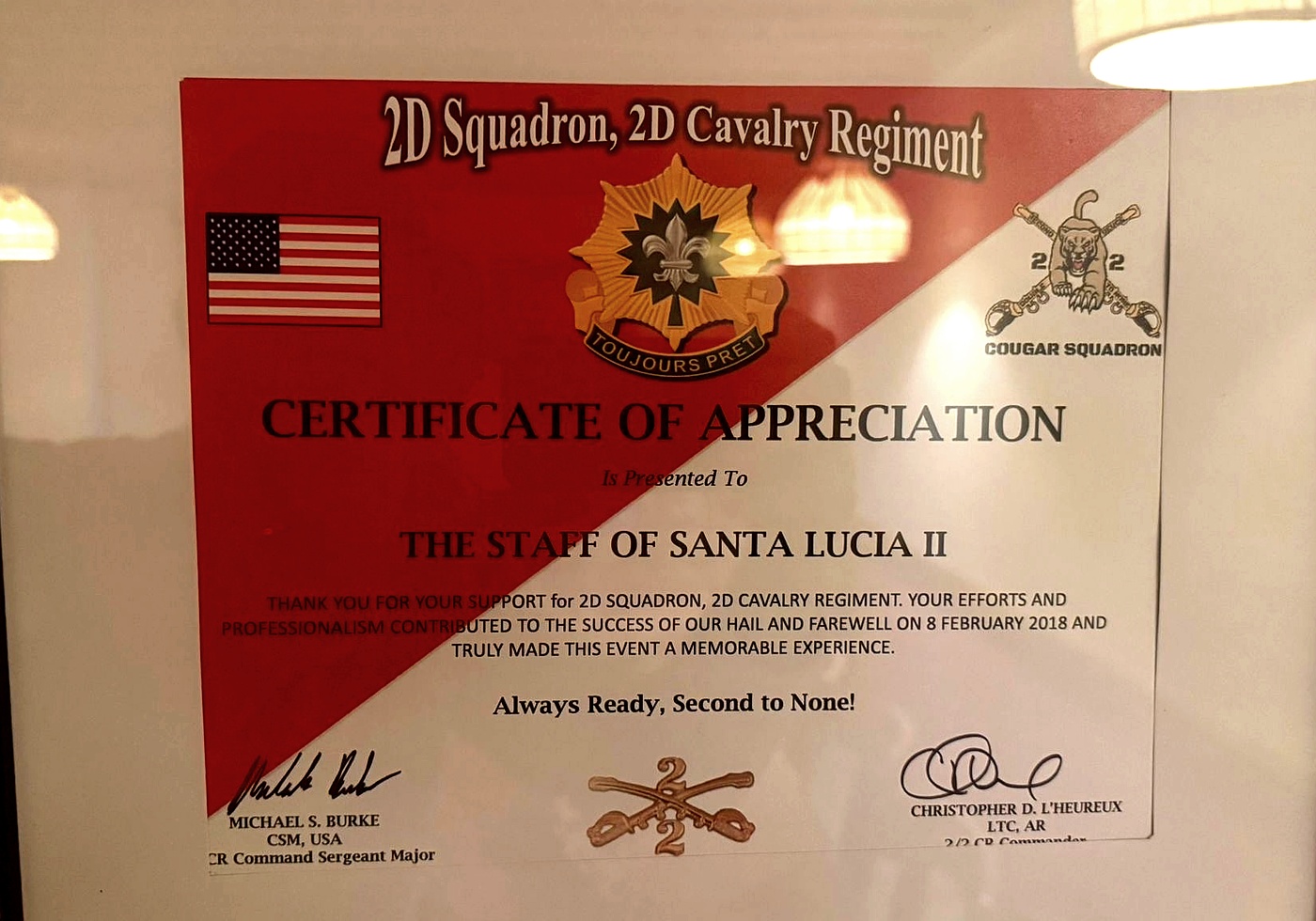 Anerkennungsurkunde 2nd Cavalry Regiment, 2018
